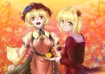  2girls absurdres aki_minoriko aki_shizuha akuron apron autumn autumn_leaves black_neckwear black_skirt blonde_hair bow breasts cloud eyebrows_visible_through_hair food food_themed_hair_ornament fruit gradient_clothes gradient_skirt grape_hair_ornament grapes hair_ornament hat highres huge_filesize large_breasts leaf leaf_hair_ornament leaf_on_head long_sleeves looking_at_viewer maple_leaf mob_cap multiple_girls open_mouth orange_eyes orange_sky outdoors red_apron red_eyes red_headwear red_shirt red_skirt shirt short_hair signature skirt sky small_breasts smile sweet_potato touhou wide_sleeves yellow_eyes yellow_shirt 