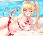  1girl ahoge bangs bikini blonde_hair blush breasts cleavage criss-cross_halter day eyebrows_visible_through_hair fate/grand_order fate_(series) green_eyes hair_intakes halterneck highres ivenglynn jewelry large_breasts long_hair looking_at_viewer lying navel nero_claudius_(fate) nero_claudius_(fate)_(all) nero_claudius_(swimsuit_caster)_(fate) on_side outdoors pool side-tie_bikini solo striped striped_bikini swimsuit twintails wet 