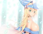  1girl bangs bare_shoulders blonde_hair blue_headwear blush breasts calcio confetti dark_magician_girl duel_monster from_side green_eyes hat highres huge_breasts long_hair looking_at_viewer off_shoulder sideboob smile solo upper_body wizard_hat yuu-gi-ou 