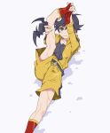  1girl ahoge araragi_karen black_hair breasts closed_mouth feet foot_out_of_frame fried_egg frown hair_ornament hood hooded_track_jacket jacket long_hair maruto! monogatari_(series) removing_sock side_ponytail simple_background soles solo track_jacket wet 