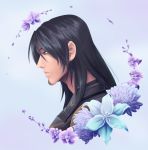  1boy absurdres beard black_hair facial_hair flower grey_background highres lao_huang laohuangsbitch long_hair looking_down profile solo xenoblade_chronicles_(series) xenoblade_chronicles_x 