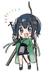  1girl apron arrow_(projectile) blue_eyes blue_hair blue_hakama bow_(weapon) chibi fang flight_deck fujisaki_(si_da) geta green_kimono hachimaki hair_ribbon hakama headband highres holding holding_bow_(weapon) holding_weapon japanese_clothes kantai_collection kimono quiver remodel_(kantai_collection) ribbon simple_background solo souryuu_(kantai_collection) twintails weapon white_background white_ribbon wide_sleeves 