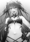  1girl :d bare_shoulders bikini black_bikini breasts collar dragon_horns earrings elbow_gloves fang gloves gradient gradient_background greyscale hair_between_eyes halterneck hand_on_hip highres horns jewelry long_hair looking_at_viewer monochrome multi-strapped_bikini navel official_art open_mouth revealing_clothes seiken_gakuin_no_maken_tsukai single_elbow_glove small_breasts smile solo stomach swimsuit toosaka_asagi two_side_up upper_body veira_(seiken_gakuin_no_maken_tsukai) 