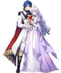  1boy 1girl azutarou bangs black_footwear blue_eyes blue_hair boots cape chalice closed_mouth deirdre_(fire_emblem) dress fire_emblem fire_emblem:_genealogy_of_the_holy_war fire_emblem_heroes full_body gloves gradient gradient_clothes gradient_dress highres holding knee_boots lavender_hair long_dress long_hair long_sleeves looking_at_viewer official_art pants purple_eyes shiny shiny_hair short_hair sigurd_(fire_emblem) smile standing transparent_background white_dress white_gloves white_pants 