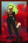  anthro clothing female green_hair hair hi_res mammal mephitid nipple_slip nipples skunk smoke solo yuzu_zuzu 