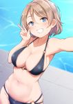  1girl bangs belly bikini black_bikini blue_eyes blush breasts brown_hair collarbone cowboy_shot from_above grin groin hair_between_eyes halterneck head_tilt highres kanabun large_breasts looking_at_viewer love_live! love_live!_sunshine!! multi-strapped_bikini o-ring outstretched_arm pool poolside reaching_out self_shot short_hair skindentation smile solo string_bikini swimsuit tile_floor tiles w watanabe_you water wet 