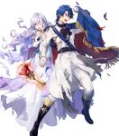  1boy 1girl azutarou bangs black_footwear blue_eyes blue_hair boots cape chalice clenched_hand deirdre_(fire_emblem) dress fire_emblem fire_emblem:_genealogy_of_the_holy_war fire_emblem_heroes full_body gloves glowing highres holding holding_hands interlocked_fingers knee_boots lavender_hair long_dress long_hair long_sleeves looking_away official_art one_eye_closed open_mouth pants purple_eyes shiny shiny_hair short_hair sigurd_(fire_emblem) torn_cape torn_clothes transparent_background white_dress white_gloves 