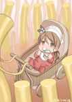  1girl baby bangs bib brown_eyes brown_hair commentary_request feathers food hair_between_eyes headdress kantai_collection littorio_(kantai_collection) long_hair misumi_(niku-kyu) pacifier pasta stroller twitter_username younger 