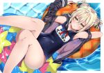  1girl ahoge artoria_pendragon_(all) black_ribbon black_swimsuit blonde_hair braid breasts collarbone competition_swimsuit covered_navel fate/grand_order fate_(series) glasses hair_ribbon innertube jacket long_hair long_sleeves looking_at_viewer meimuu mysterious_heroine_x_(alter) one-piece_swimsuit open_clothes open_jacket ribbon small_breasts swimsuit yellow_eyes 