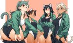  4girls adjusting_clothes animal_ear_fluff animal_ears ass bangs black_hair blonde_hair blush breasts brown_hair cat_ears cat_girl cat_tail cleavage closed_mouth competition_swimsuit covered_navel crossed_arms green_eyes green_hair green_jacket grey_eyes hair_between_eyes hands_together jacket kr_ohoshisama large_breasts long_hair looking_at_viewer medium_breasts medium_hair multiple_girls off-shoulder_jacket one-piece_swimsuit original red_eyes short_hair sideboob skindentation sweat swimsuit tail tail_through_clothes tan thigh_gap thighs tied_hair two-tone_swimsuit 