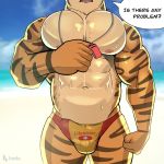  1:1 ? anthro bada-butterfly biceps big_pecs bulge clothed clothing dialogue english_text felid genital_outline hi_res lifeguard male mammal musclegut muscular muscular_anthro muscular_male nipples pantherine pecs penis_outline solo speedo swimwear talking_to_viewer text tiger topless whistle_(object) 