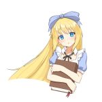  1girl :o alice_(black_souls) bangs black_ribbon black_souls blonde_hair blue_eyes blue_ribbon book bookmark eyebrows_visible_through_hair hair_ribbon highres holding holding_book long_hair looking_at_viewer neck_ribbon open_mouth puffy_short_sleeves puffy_sleeves ribbon ribbonsnek short_sleeves simple_background solo straight_hair upper_body very_long_hair white_background 