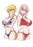  2girls absurdres ahoge artoria_pendragon_(all) artoria_pendragon_(lancer) bangs bare_shoulders blonde_hair blue_bra blue_panties bra braid breasts cleavage collarbone commentary crossed_arms fate_(series) florence_nightingale_(fate/grand_order) french_braid gloves green_eyes highres large_breasts long_hair looking_at_viewer love-saber multiple_girls navel open_mouth panties pink_hair red_bra red_eyes red_panties sidelocks simple_background underwear white_background white_gloves 