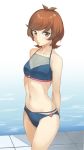  1girl arms_behind_back bangs bikini blue_bikini breasts brown_hair cleavage collarbone cowboy_shot gradient gradient_background halterneck heart highres looking_at_viewer navel parted_lips rourou_ill shiny shiny_hair short_hair small_breasts solo standing swept_bangs swimsuit yuu-gi-ou yuu-gi-ou_vrains zaizen_aoi 