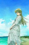  1girl 203wolves bangs beach blonde_hair blue_sky blurry blurry_background closed_mouth dress floating_hair green_eyes hair_between_eyes highres long_dress long_hair looking_at_viewer ocean shiny shiny_hair shore skirt_hold sky solo straight_hair sundress tenjouin_asuka very_long_hair white_dress yuu-gi-ou yuu-gi-ou_gx 