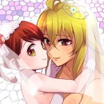  2girls blonde_hair bridal_veil bride dress elbow_gloves formal gloves looking_at_viewer lowres multiple_girls niina_ryou red_eyes red_hair shikishima_mirei strapless strapless_dress tiara tokonome_mamori valkyrie_drive valkyrie_drive_-mermaid- veil wedding wedding_dress white_dress white_gloves wife_and_wife yellow_eyes yuri 