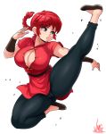  1girl absurdres black_pants braid breasts chinese_clothes flying_kick genderswap genderswap_(mtf) grey_eyes highres jacket jmg kicking large_breasts long_hair pants ranma-chan ranma_1/2 red_hair red_jacket saotome_ranma short_sleeves simple_background single_braid solo tangzhuang thick_thighs thighs white_background 