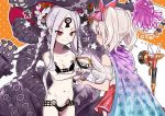  2girls abigail_williams_(fate/grand_order) abigail_williams_(swimsuit_foreigner)_(fate) bangs bare_shoulders bikini black_bikini black_bow blush bow breasts candy cape collarbone double_bun dress_swimsuit fate/grand_order fate_(series) food forehead highres hose hose_nozzle illyasviel_von_einzbern illyasviel_von_einzbern_(swimsuit_archer)_(fate) inflatable_armbands jun_(nad-j) keyhole long_hair magical_ruby multiple_bows multiple_girls navel one-piece_swimsuit orange_bow parted_bangs red_bow red_eyes red_swimsuit sidelocks small_breasts smile star_(symbol) star_print swimsuit tentacles thighs third_eye twintails very_long_hair visor_cap white_hair white_skin 