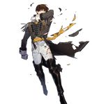 1boy alternate_costume belt boots brown_eyes brown_hair epaulettes fire_emblem fire_emblem:_genealogy_of_the_holy_war fire_emblem_heroes full_body gloves highres injury official_art one_eye_closed quan_(fire_emblem) solo teeth teita torn_clothes transparent_background weapon 