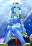 1girl absurdres alternate_breast_size android arm_support blue_eyes breasts capcom daisukeabe helmet highres knees_together_feet_apart large_breasts leviathan_(rockman) polearm rockman rockman_zero sitting smile solo spear underwater weapon 
