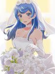  1girl arm_strap bangs blue_angel bouquet bow bridal_veil brown_eyes brown_hair closed_mouth cowboy_shot dress elbow_gloves flower garter_straps gloves hair_flower hair_ornament highres holding holding_bouquet honi_hogya lily_(flower) looking_at_viewer shiny shiny_hair short_dress short_hair sleeveless sleeveless_dress smile solo standing swept_bangs thighhighs veil wedding_dress white_bow white_dress white_flower white_gloves white_legwear yuu-gi-ou yuu-gi-ou_vrains zettai_ryouiki 