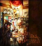  2boys brown_hair copyright_name facial_hair fantasy frown gloves hand_on_hip hat indoors kamal_(pixiv_fantasia) lantern long_hair male_focus multiple_boys mustache nishihara_isao pixiv_fantasia pixiv_fantasia_4 ponytail purple_hair smile 