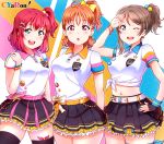  3girls :d :o absurdres ahoge arm_up arms_behind_back bangs belt black_legwear black_skirt blue_eyes blue_nails bow bracelet breasts brown_hair collared_shirt cowboy_shot cyaron_(love_live!) earrings fingerless_gloves gloves green_eyes hair_bow hair_ornament hairpin hand_on_hip hand_on_shoulder highres jewelry kurosawa_ruby large_breasts looking_at_viewer love_live! love_live!_sunshine!! matching_outfit medium_breasts midriff multiple_girls nail_polish navel one_eye_closed one_side_up open_mouth orange_hair pink_nails pleated_skirt ponytail red_eyes red_hair salute shirt short_hair simple_background skirt smile star_(symbol) star_hair_ornament takami_chika thighhighs tied_shirt tsumikiy watanabe_you white_shirt x_hair_ornament yellow_bow 