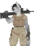  anthro black_hair blue_eyes bulletproof_vest canid canine canis clenched_teeth clothed clothing fangs female fluffy fluffy_tail fur gloves grey_body grey_fur gun hair handwear hi_res holding_object holding_weapon mammal multicolored_body multicolored_fur muscular muscular_anthro muscular_female open_mouth ranged_weapon rifle saruuk simple_background solo tattoo teeth weapon white_background wolf 