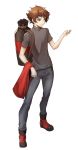  1boy alternate_hair_length alternate_hairstyle bag bangs boots brown_eyes brown_hair closed_mouth full_body grey_pants grey_shirt highres holding male_focus multicolored_hair pants red_footwear rourou_ill shiny shiny_hair shirt short_sleeves simple_background solo standing two-tone_hair white_background yuu-gi-ou yuu-gi-ou_gx yuuki_juudai 