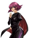  1girl blue_eyes breasts cape floating_hair gundam haman_karn looking_to_the_side medium_breasts moeshimo_(pixiv) nib_pen_(medium) pantyhose purple_hair short_hair solo traditional_media white_background zeta_gundam 