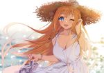  1girl bangs bare_shoulders blue_eyes blush breasts cleavage collarbone dress hat large_breasts long_hair looking_at_viewer lunch_(lunch3) one_eye_closed open_mouth orange_hair pecorine pecorine_(real) princess_connect! princess_connect!_re:dive smile straw_hat white_dress 