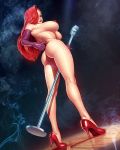  1girl ass blue_eyes breasts commentary dress hair_over_one_eye high_heels jessica_rabbit large_breasts legs lipstick looking_at_viewer makeup microphone_stand nikita_varb nude red_hair sideboob smoke solo thighs who_framed_roger_rabbit 