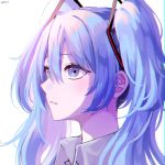  1girl bangs blue_eyes blue_hair chromatic_aberration collared_shirt haga hair_between_eyes hair_ornament hatsune_miku highres long_hair parted_lips portrait shirt solo twintails twitter_username vocaloid white_background wing_collar 