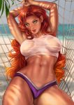  1girl arms_behind_head artist_name beach breasts dandon_fuga dc_comics green_eyes groin highres large_breasts leaf lips long_hair looking_at_viewer micro_shorts multicolored_hair nail naughty_face navel net ocean orange_hair red_hair resting sand shadow shirt shorts sky solo starfire sweat sweatdrop teen_titans toned wet wet_clothes wet_shirt white_shirt white_skin 