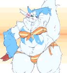  2020 anthro belly big_tail blue_body blue_fur blush bulge claws clothed clothing crossdressing curvy_figure digital_media_(artwork) flower fur girly kemono looking_at_viewer male multicolored_body multicolored_fur nintendo overweight overweight_anthro overweight_male plant pok&eacute;mon pok&eacute;mon_(species) shiny_pok&eacute;mon simple_background slightly_chubby smile solo swimwear thick_thighs tiredanon video_games white_body white_fur wide_hips zangoose 