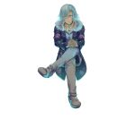  1boy alvis_(xenoblade) blue_coat coat crossed_legs dark_skin dark_skinned_male floating full_body fur_trim fuwamoko_momen_toufu horizon interlocked_fingers levitation male_focus pants silver_hair solo space white_footwear white_pants xenoblade_chronicles xenoblade_chronicles_(series) 