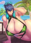  1girl beach bikini blue_hair breasts cleavage commentary_request curvy dated day eyebrows_visible_through_hair folded_ponytail gigantic_breasts gradient_hair green_bikini green_eyes hair_between_eyes hair_intakes highres looking_at_viewer lying multicolored_hair muscle muscular_female ocean on_side original palm_tree solo space_jin sweat swimsuit thick_thighs thighs tree updo veins veiny_breasts wet zoe_(space_jin) 
