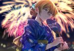  1girl 203wolves bangs blonde_hair blue_kimono blurry blurry_background closed_mouth fan festival fireworks grey_eyes hair_between_eyes holding holding_fan japanese_clothes kimono obi print_kimono sash short_hair signature solo tenjouin_asuka tied_hair upper_body yukata yuu-gi-ou yuu-gi-ou_gx 