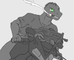  anthro cigarette clenched_teeth clothed clothing fangs green_eyes gun holding_object holding_weapon lizard male multi_arm multi_limb muscular muscular_anthro muscular_male open_mouth ranged_weapon reptile rifle saruuk scalie simple_background solo teeth weapon 