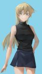  1girl bangs black_shirt blonde_hair blue_background blue_skirt breasts closed_mouth cowboy_shot floating_hair hair_between_eyes hand_on_hip highres long_hair looking_at_viewer medium_breasts miniskirt rourou_ill shiny shiny_hair shirt simple_background sketch skirt sleeveless sleeveless_shirt smile solo standing straight_hair tenjouin_asuka turtleneck very_long_hair yellow_eyes yuu-gi-ou yuu-gi-ou_gx 