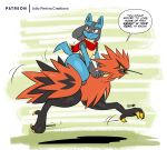  2020 ambiguous_gender beak chest_spike dialogue digital_media_(artwork) duo english_text feral galarian_zapdos hi_res joaoppereiraus legendary_pok&eacute;mon lucario nintendo open_beak open_mouth pok&eacute;mon pok&eacute;mon_(species) red_eyes regional_form_(pok&eacute;mon) riding scarf semi-anthro signature smile speech_bubble spikes spikes_(anatomy) text video_games yellow_sclera 