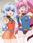  2girls animal_ear_fluff animal_ears arm_up ass_visible_through_thighs belt blue_eyes blue_hair blue_leotard blue_sleeves cat_ears cat_tail commentary_request covered_navel detached_sleeves elbow_gloves fingerless_gloves gloves green_eyes gundam gundam_build_divers hair_intakes hand_on_hip highleg highleg_leotard leotard long_hair momo_(gundam_build_divers) multiple_girls one_eye_closed open_mouth pink_hair ponytail red_gloves red_leotard red_skirt sara_(gundam_build_divers) see-through silver_meteor skirt smile tail thigh_gap thighhighs thighs v very_long_hair waving white_gloves white_legwear yashiro_momoka 
