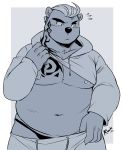  2020 absurd_res anthro clothing digital_media_(artwork) hi_res male mammal monochrome navel pedobear rookie_bear signature slightly_chubby solo tattoo undressing ursid 