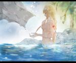  1girl alice_schuberg amayori_(sao) blonde_hair braid braided_ponytail breasts closed_eyes completely_nude from_side hair_censor hair_intakes hair_over_breasts hair_ribbon hairband highres holding long_hair navel nude partially_submerged profile ribbon shiny shiny_hair shugaa_(pixiv37615254) sideboob sidelocks sword_art_online upper_body very_long_hair white_hairband white_ribbon 