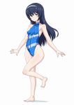  1girl black_hair blue_swimsuit brown_eyes casual_one-piece_swimsuit commentary_request covered_navel covered_nipples full_body girls_und_panzer hairband highleg highleg_swimsuit highres impossible_clothes impossible_swimsuit long_hair looking_at_viewer muchabou one-piece_swimsuit outstretched_arms reizei_mako simple_background solo standing standing_on_one_leg swimsuit turtleneck white_background white_hairband 