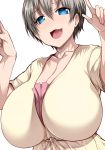  1girl alternate_costume blue_eyes breasts cleavage eyebrows_visible_through_hair fang grey_hair hair_between_eyes highres huge_breasts looking_at_viewer open_mouth short_hair smile smug solo standing tsukasawa_takamatsu upper_body uzaki-chan_wa_asobitai! uzaki_hana 