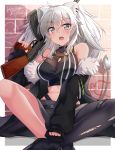  1girl :d ahoge ak-47 animal_ears assault_rifle bare_shoulders benchen06 blush boots breasts earrings eyebrows_visible_through_hair fur-trimmed_jacket fur_trim grey_eyes grey_hair gun hair_between_eyes highres holding holding_gun holding_weapon hololive jacket jewelry large_breasts lion_ears lion_girl long_hair looking_at_viewer necklace open_mouth rifle shirt shishiro_botan single_leg_pantyhose sitting skirt smile solo torn_clothes torn_legwear virtual_youtuber weapon 