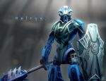  ambiguous_gender armor bionicle blue_body blurred_background digital_drawing_(artwork) digital_media_(artwork) fingerless grey_background helryx holding_object holding_weapon humanoid kozsen_810290 lego looking_at_viewer mace machine mask melee_weapon mouthless not_furry polearm robot shield simple_background solo spiked_mace standing toa weapon yellow_eyes 