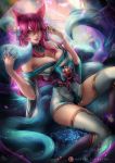  ahri animal_ears axsens cleavage japanese_clothes league_of_legends no_bra tail thighhighs 