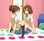  2girls all_fours arm_support black_legwear blue_neckwear blush brown_eyes brown_hair commentary_request hair_ornament hair_ribbon hairclip hand_on_another&#039;s_thigh heart heavy_breathing highres hirasawa_ui hirasawa_yui hirondo incest indoors k-on! kneehighs multiple_girls neck_ribbon no_shoes ponytail ribbon sakuragaoka_high_school_uniform school_uniform short_hair short_sleeves siblings sisters straddling twister vest_over_shirt white_legwear yuri 